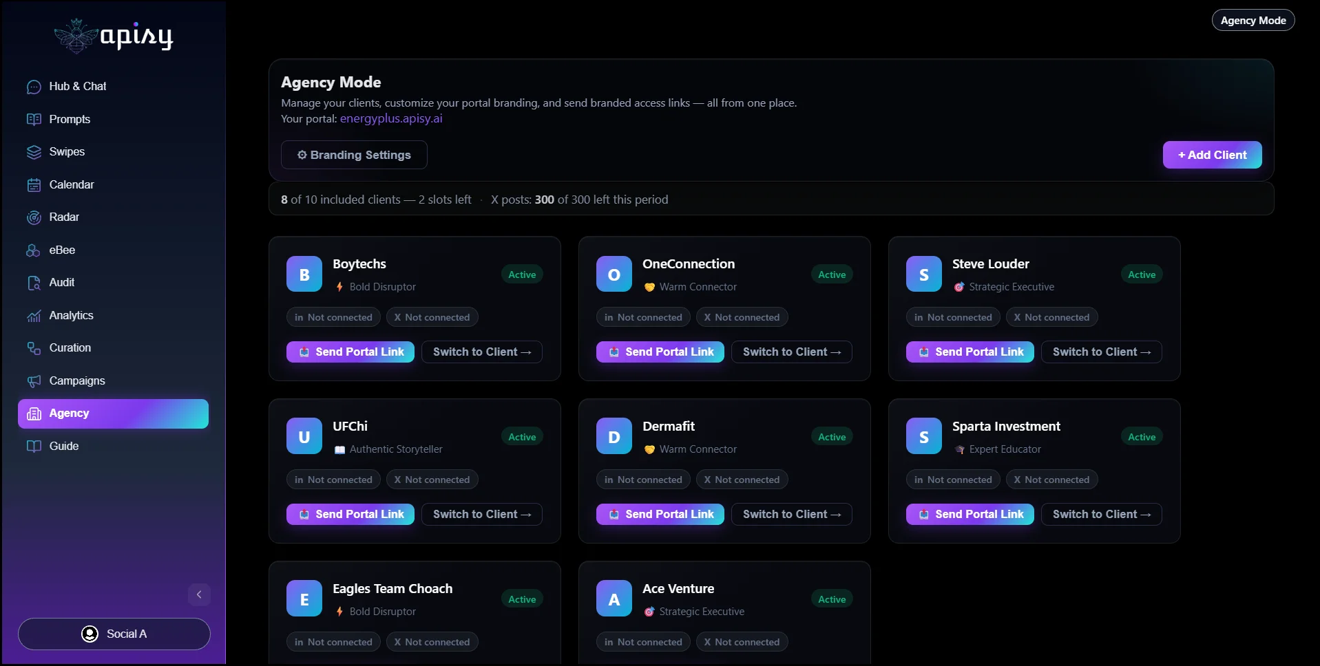 Apisy Agency Mode — manage clients with white-label portals