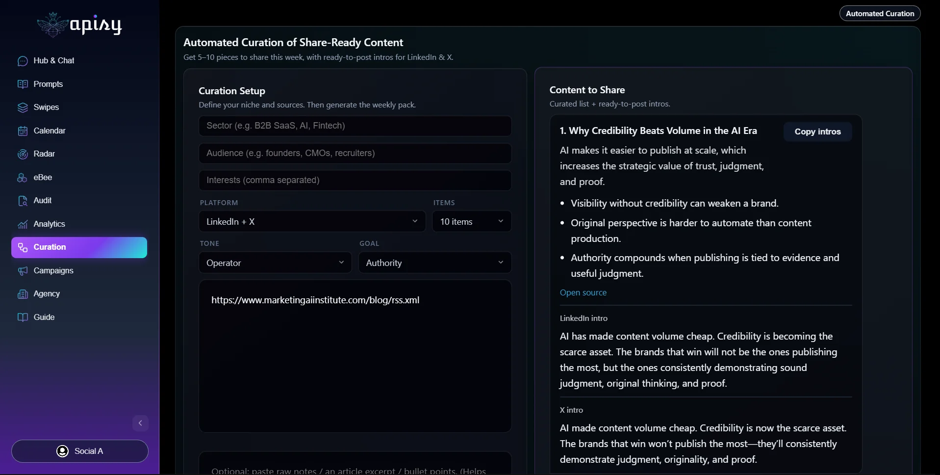 Apisy Automated Curation of share-ready content