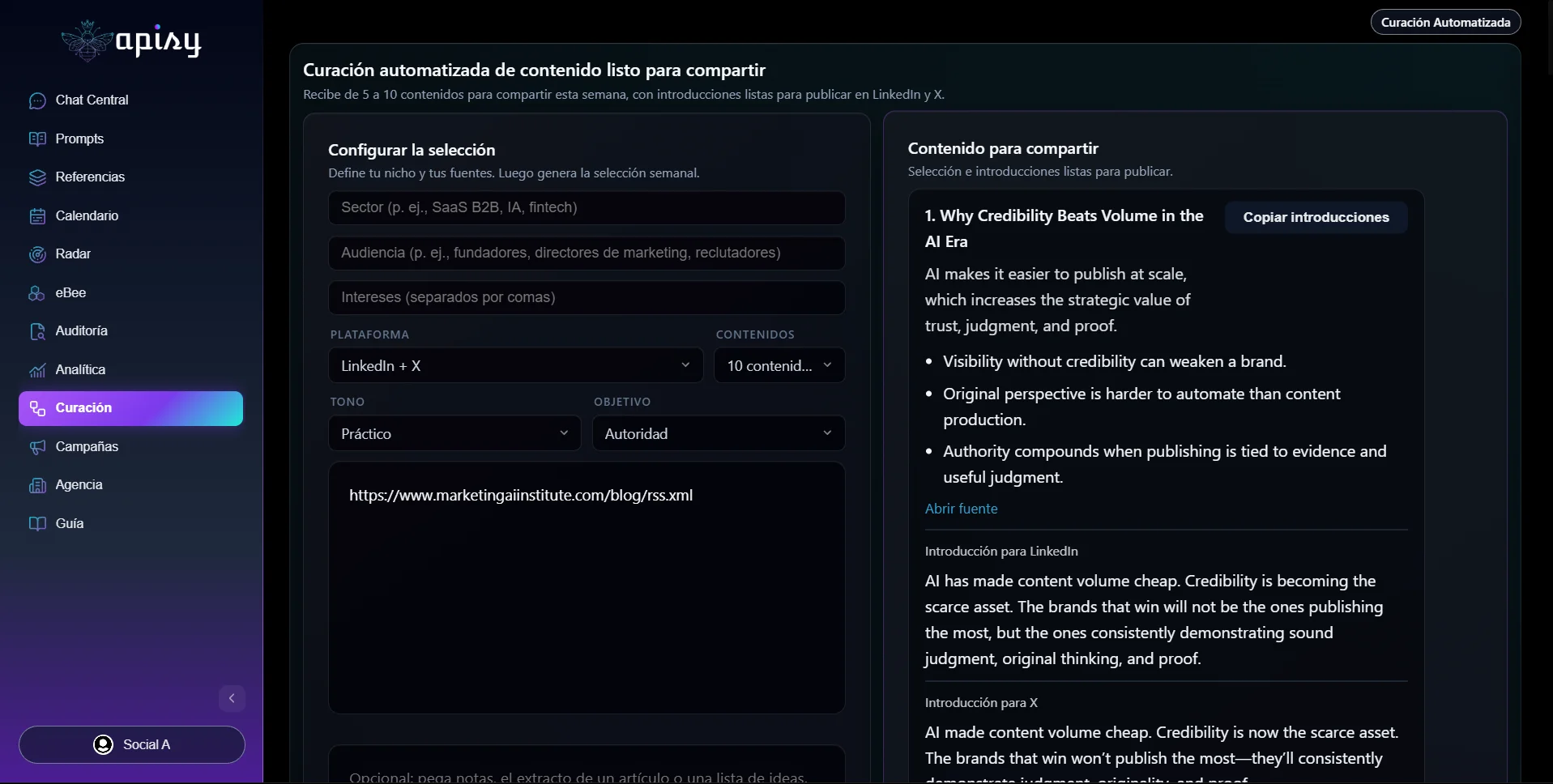 Apisy Curación Automatizada: contenido listo para compartir