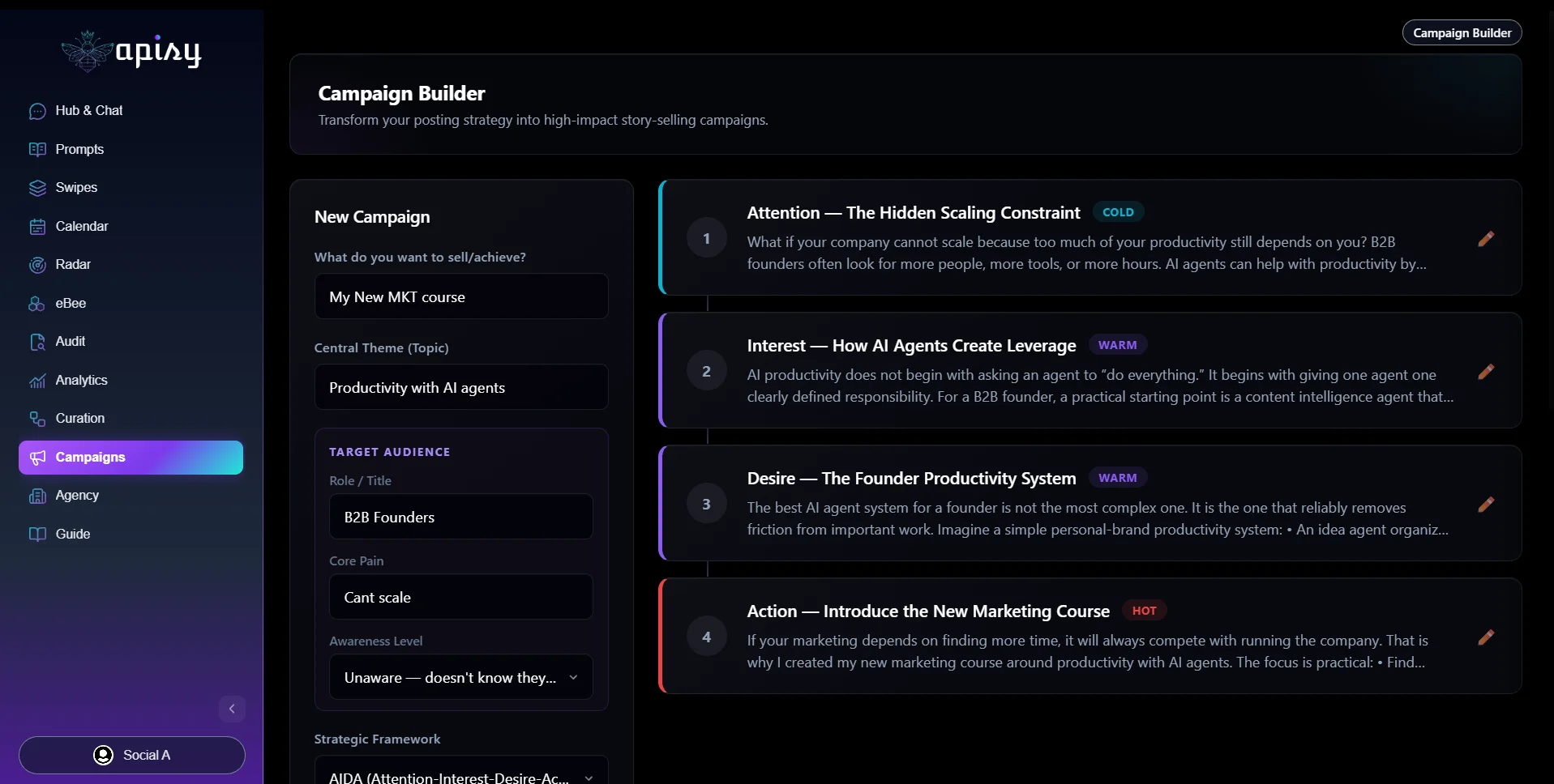 Apisy Campaign Builder — multi-post story arcs