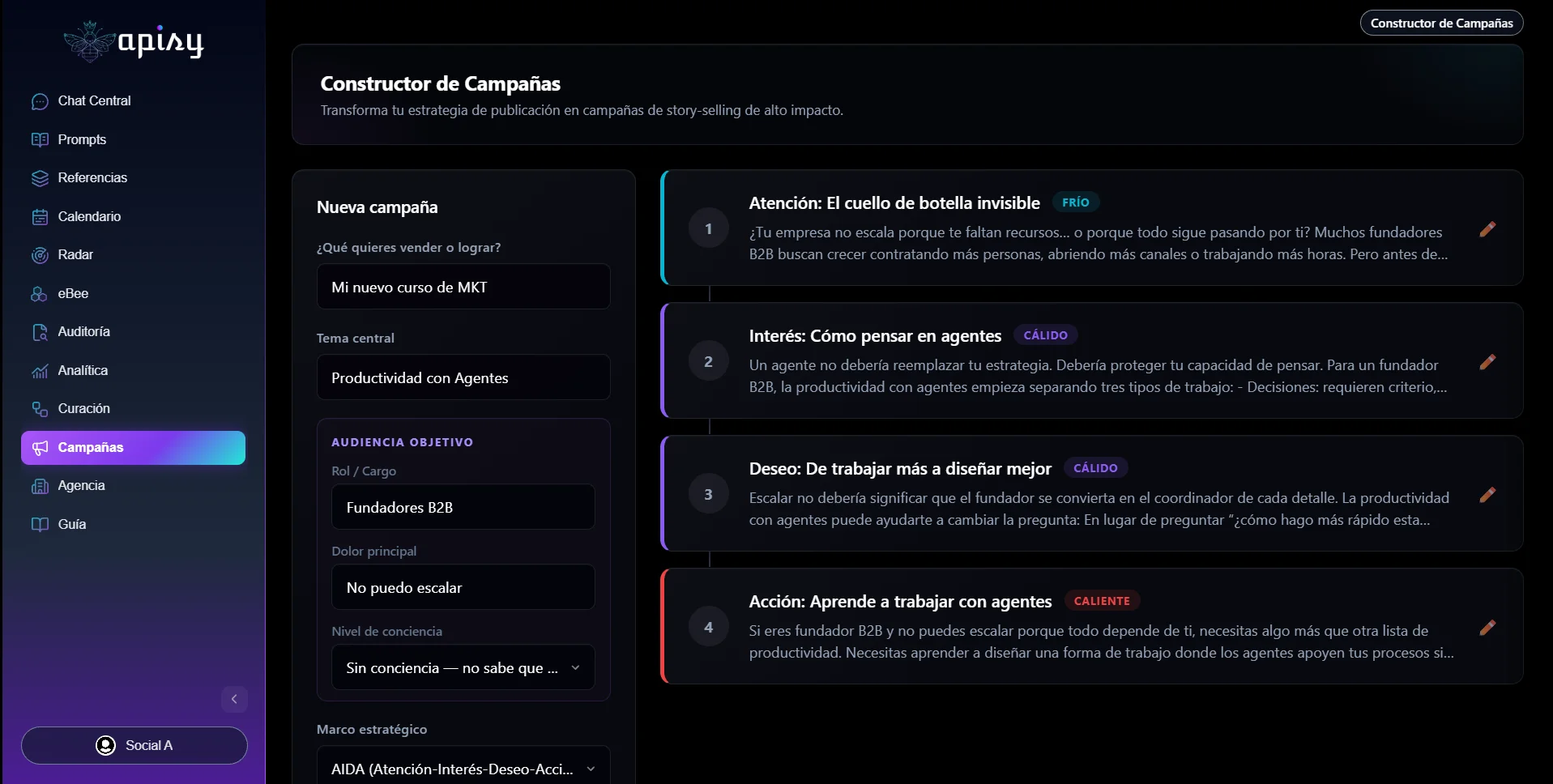 Apisy Constructor de Campañas — arcos narrativos de varios posts