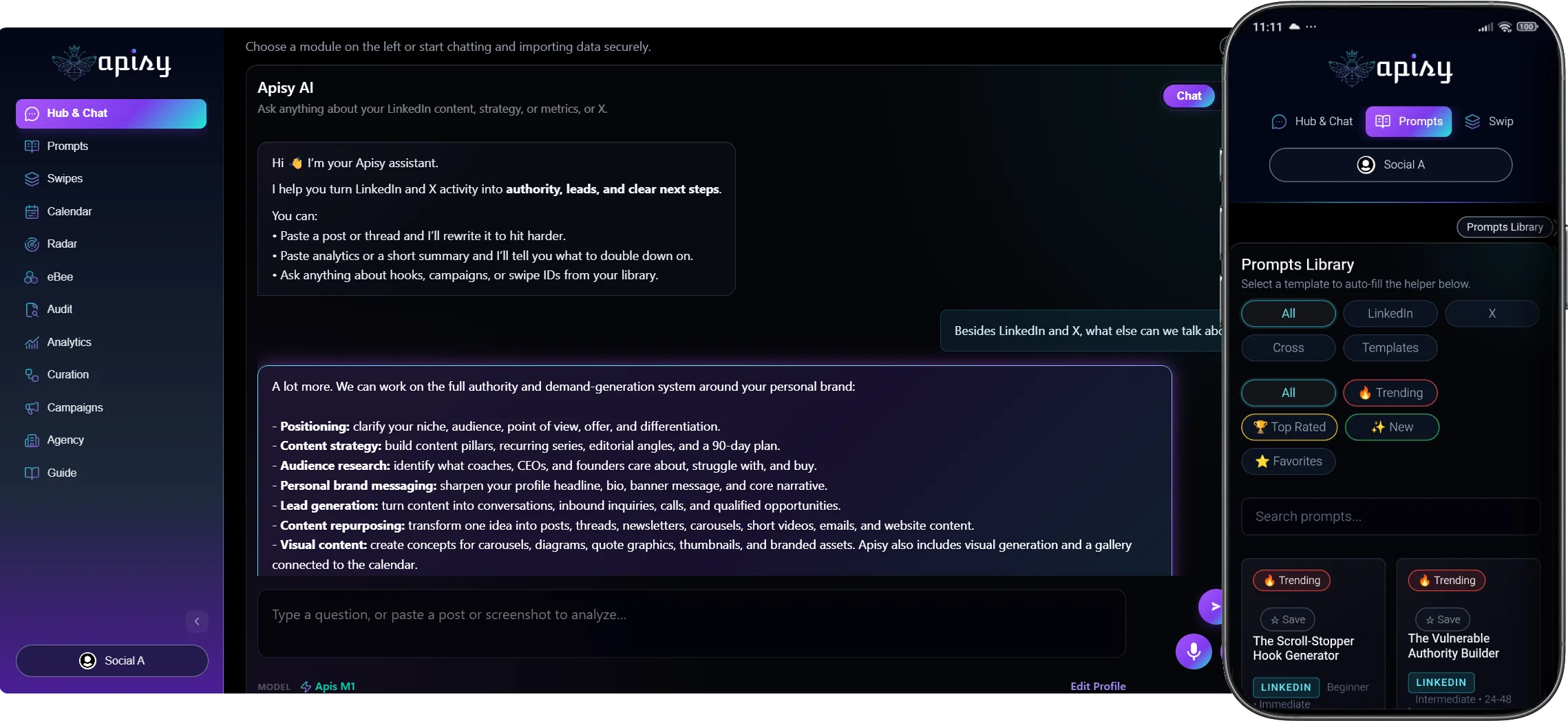 The Apisy AI dashboard — Hub & Chat, 11 tools, and 3 AI models in one platform