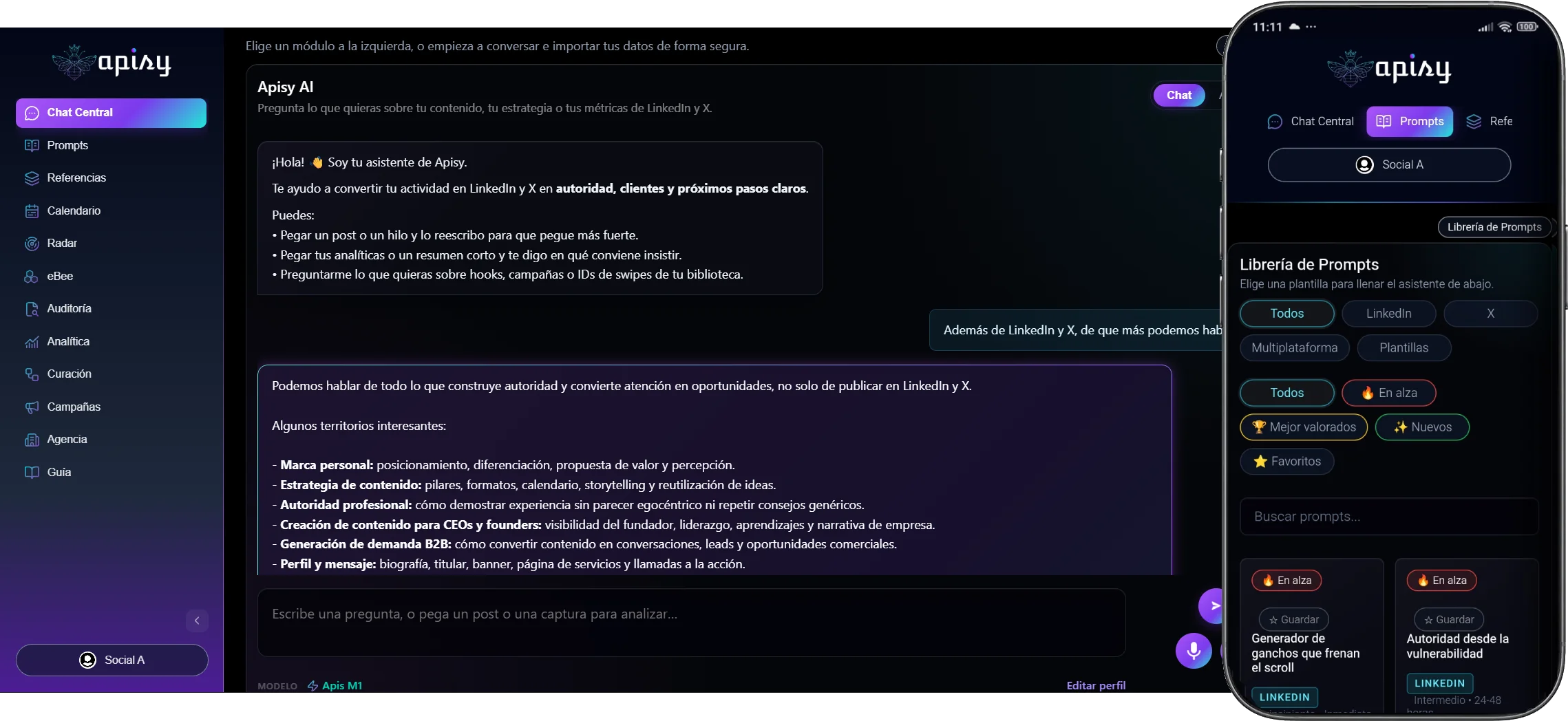 El panel de Apisy AI — Chat Central, 11 herramientas y 3 modelos de IA en una plataforma