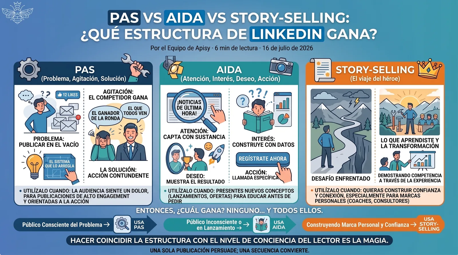Infografía que compara PAS, AIDA y Story-Selling, y a qué nivel de conciencia del lector le sirve cada una.