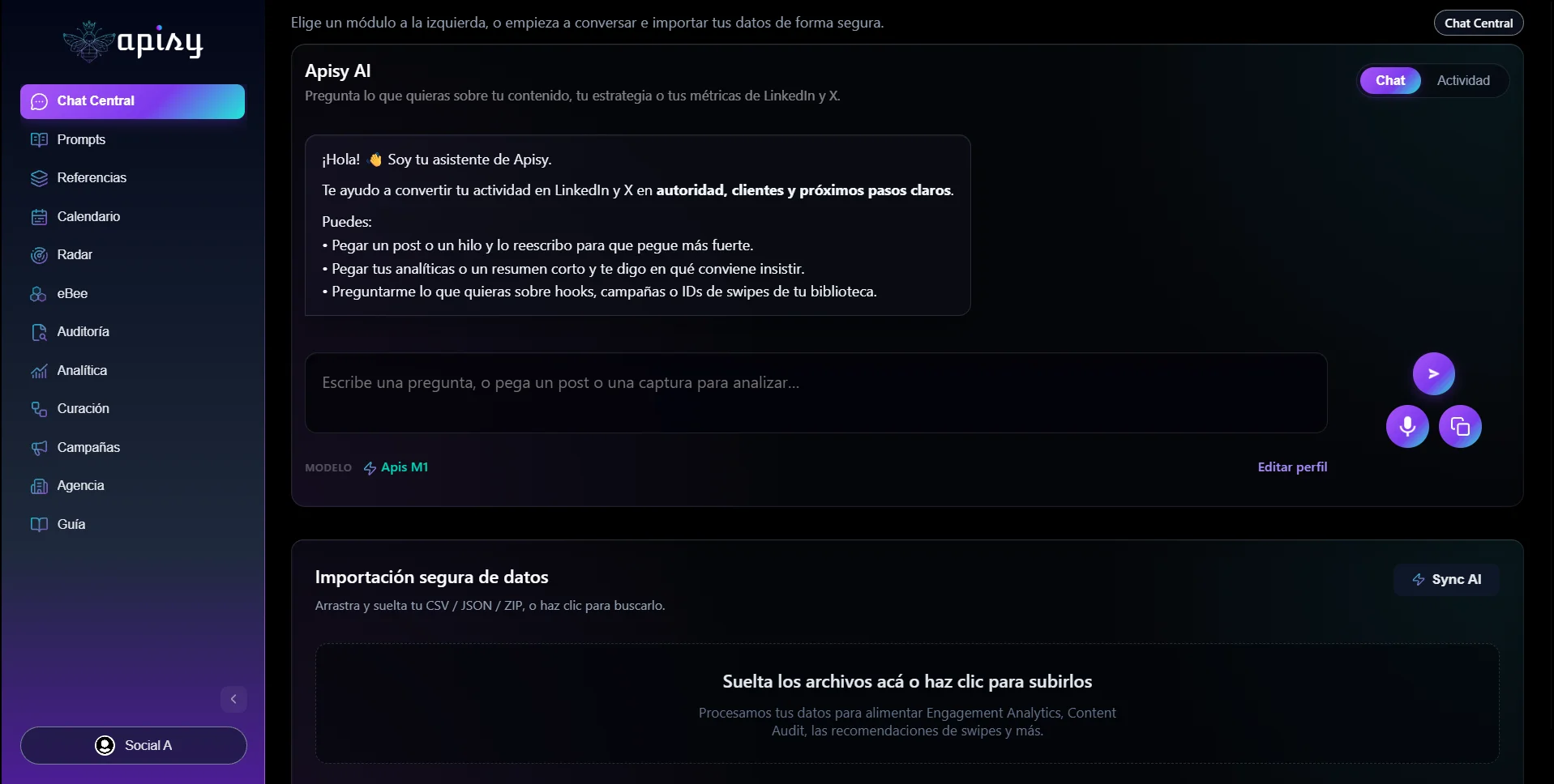Apisy Chat Central — centro de mando con IA
